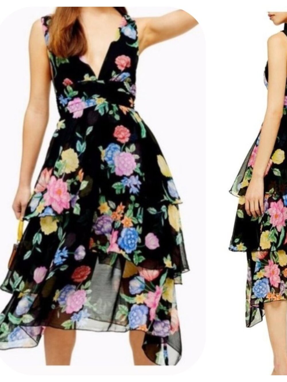 Topshop Freida Pinafore Floral Tiered Midi Dress Size 8, chiffon handkerchief